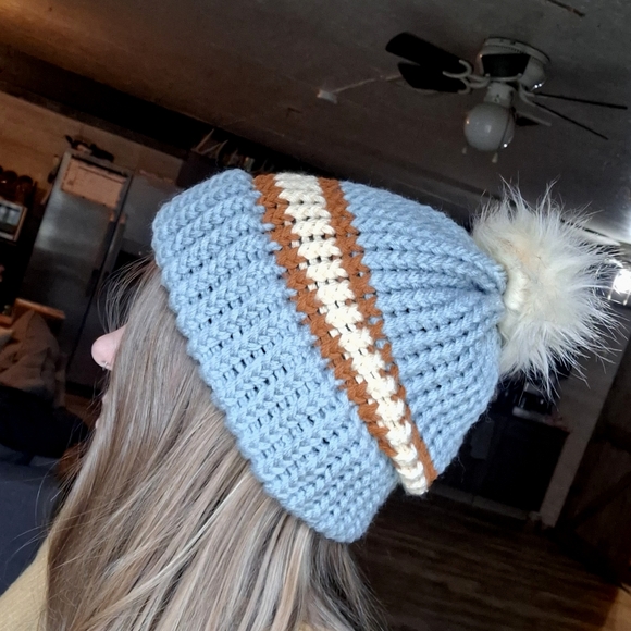 Handmade Tri-Colored Knit PomPom Beanie - Picture 7 of 7